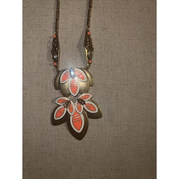 STELLA & DOT Hibiscus Orange Enamel Rhinestone Crystal Long Statement Necklace - Picture 8 of 8